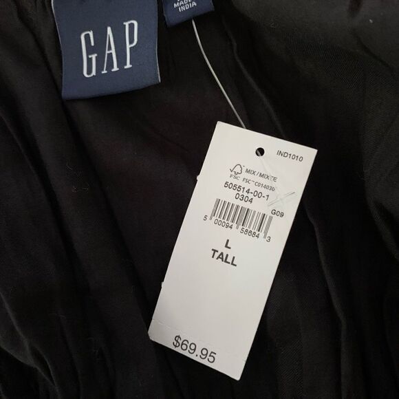 GAP MilkMaid Smocked Waist Peasant Sleeve Cotton Dress Black Sz L Tall - Picture 3 of 10